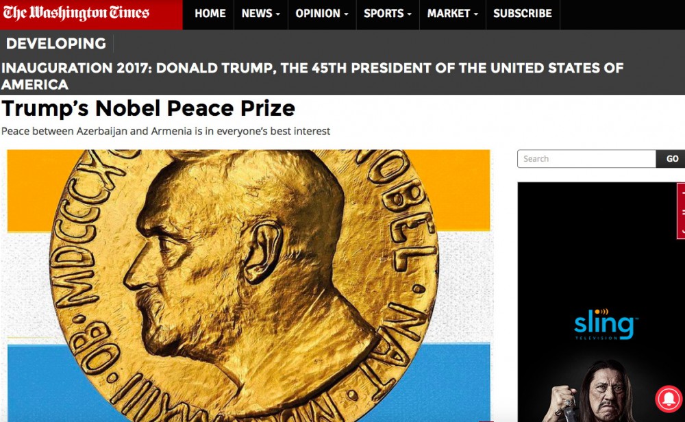 “The Washington Times”: Trampın Nobel mükafatı: Azərbaycan ilə Ermənistan arasında sülh bütün tərəflərin maraqlarına cavab verir